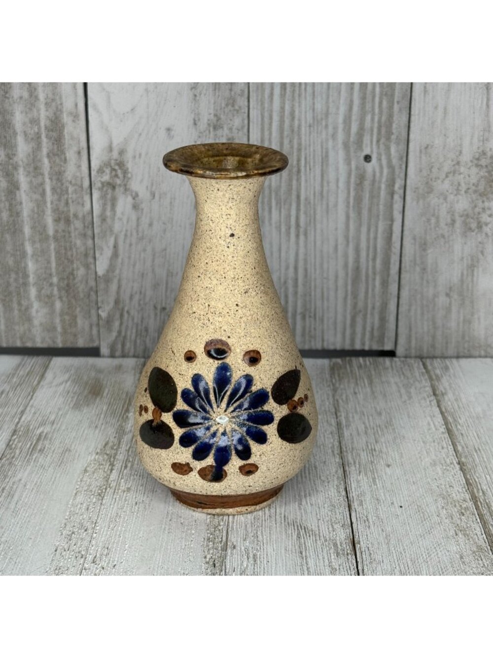 Vintage Tonala Jalisco Handpainted Mexican Folk Art Sandstone Pottery Bud Vase